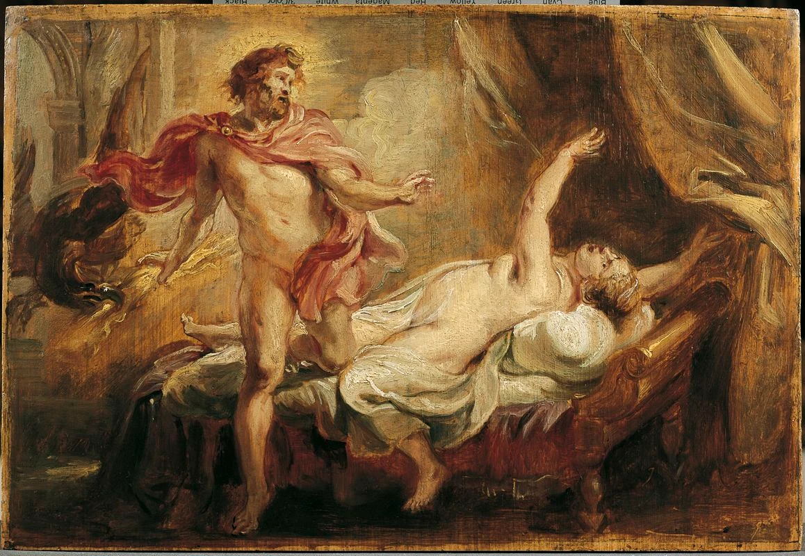 Zeus strikes Semele with lightning against his will, forced to reveal his true nature because of an oath sworn upon the Styx.