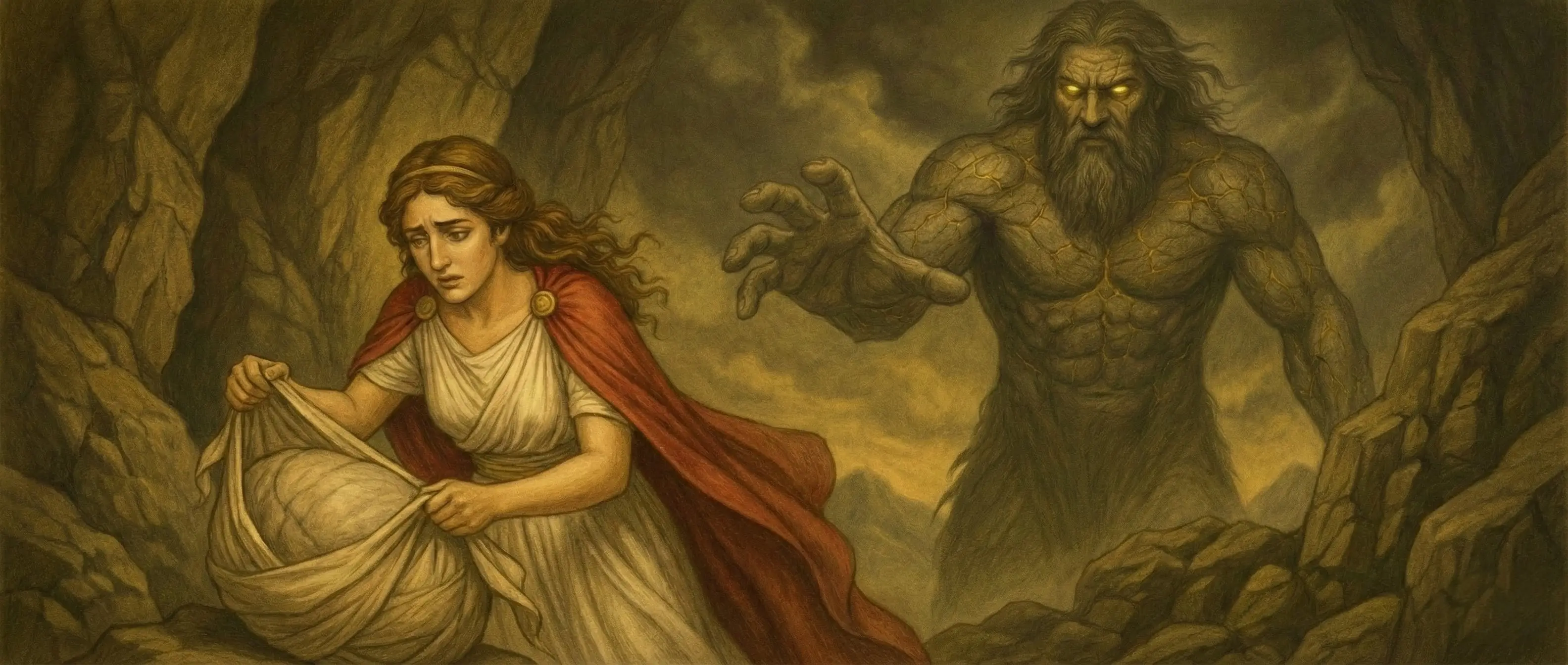 Rhea swaddles a stone in cloth, deceiving Cronus, who expects to devour his newborn son Zeus.